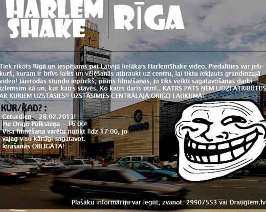 Internetā izplata aicinājumu par lielāko Harlem Shake filmēšanu Latvijā pie stacijas pulksteņa