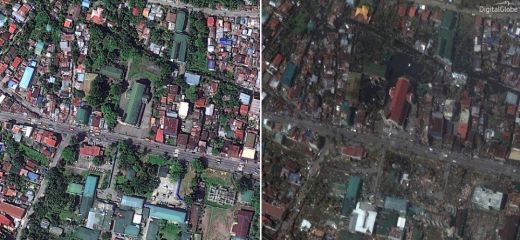 Šokējoši PIRMS un PĒC foto parāda, kā taifūns Haijan nopostīja veselu pilsētu